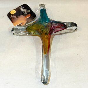Luke Adams Hand Blown Glass Cross Ornament Paperweight Orang Blue Gold